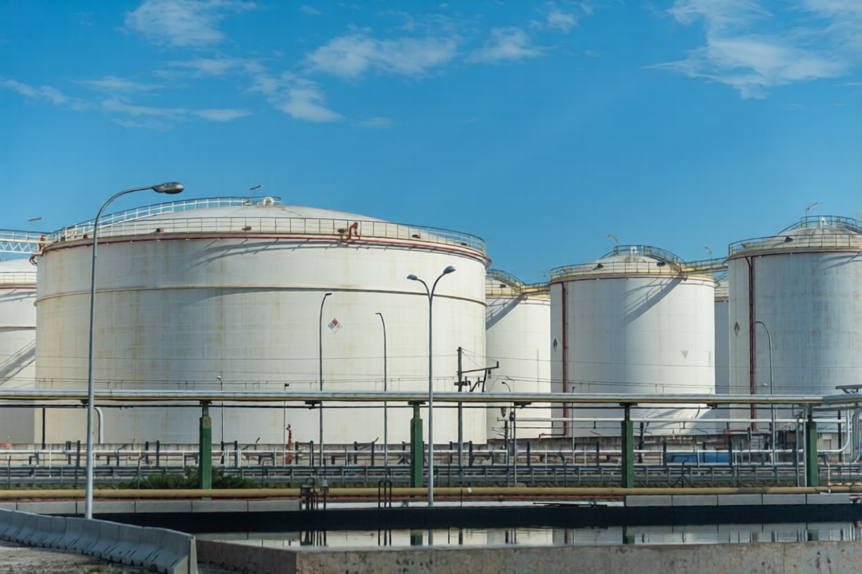 Aerial view of the Nord Terminals Kotka petroleum storage terminal at dusk